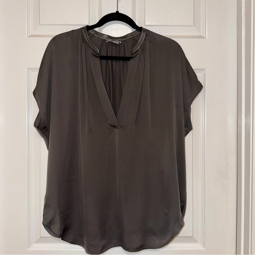 VINCE 100% Silk Blouse with Genuine Leather Trim | Minimalist Luxe Top | Size M